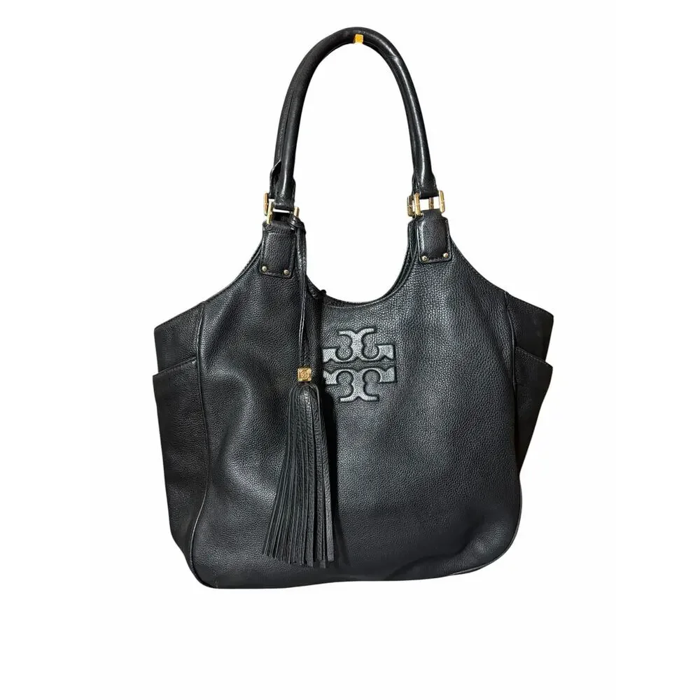 Tory Burch Thea Round Tassel Tote Black Pebbled Leather Hobo Bag